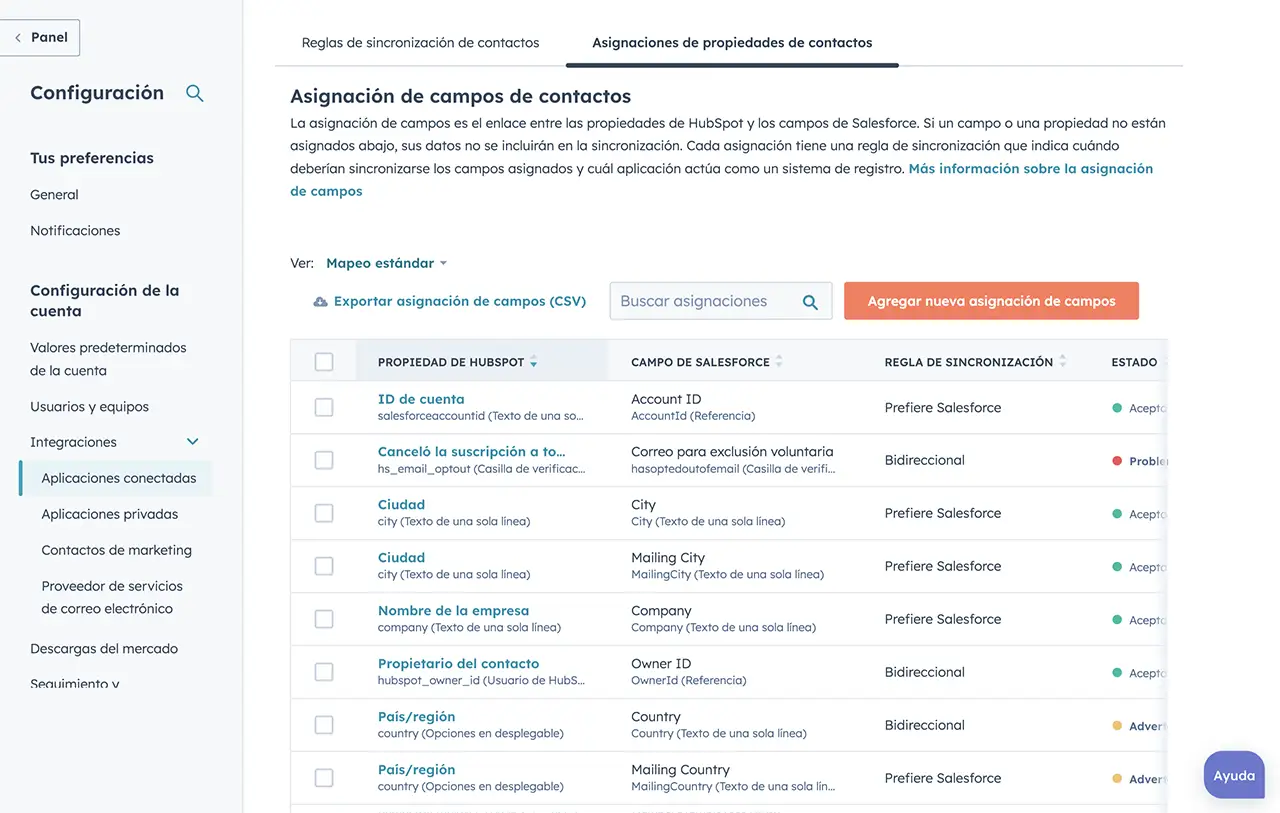 Pantalla de asignación de campos de contactos de la integración de Salesforce y HubSpot.